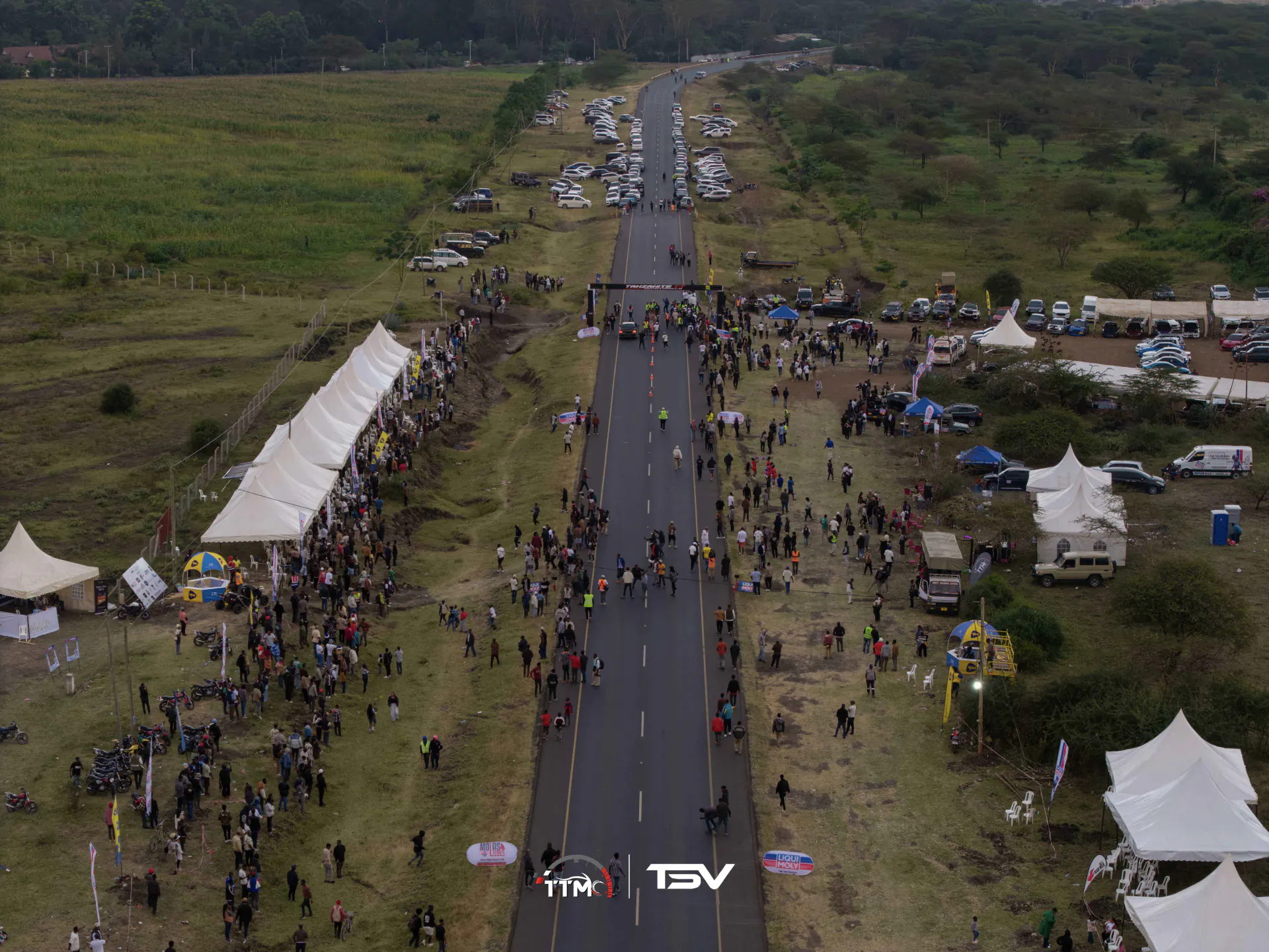 Aerial view of the Tanzanite TT drag strip lined with spectators and marquees